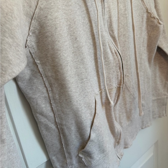 5/$10 | Oatmeal Colored Zip-Up Hoodie with Raw Hem Detail - Picture 3 of 9